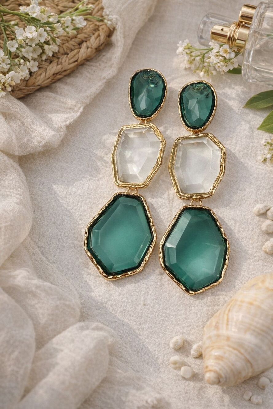 Emeral Green Drop Earrings Gold Geometric Clear Stone Statement Vintage